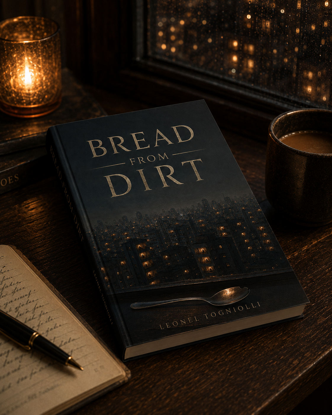 A hardcover copy of Bread from Dirt on a writing desk beside a rain-streaked window