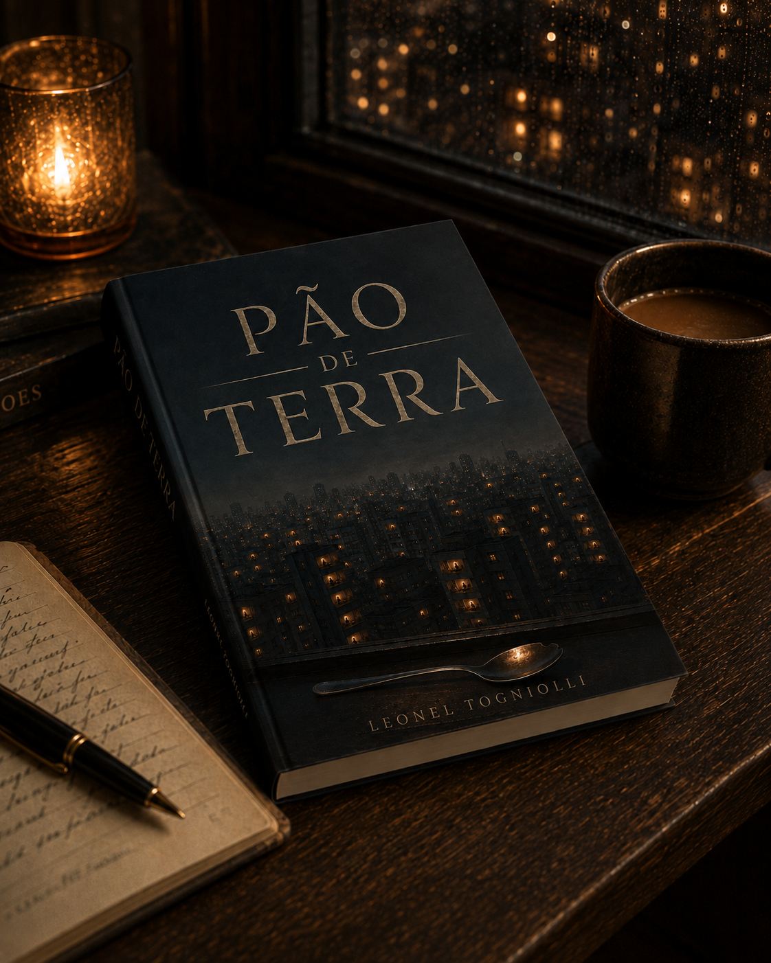Um exemplar de capa dura de Pão de Terra sobre uma escrivaninha junto a uma janela molhada de chuva